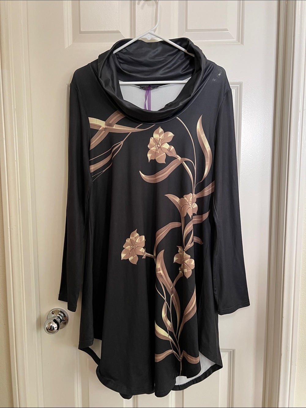 Black Long-Sleeve Cowl Neck Dress with Floral Design
